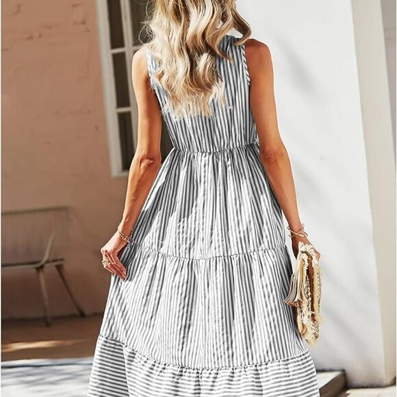 Sleeveless Shirt Dress Collar Striped V Neck Casual Midi Dresses L - Picture 2 of 4